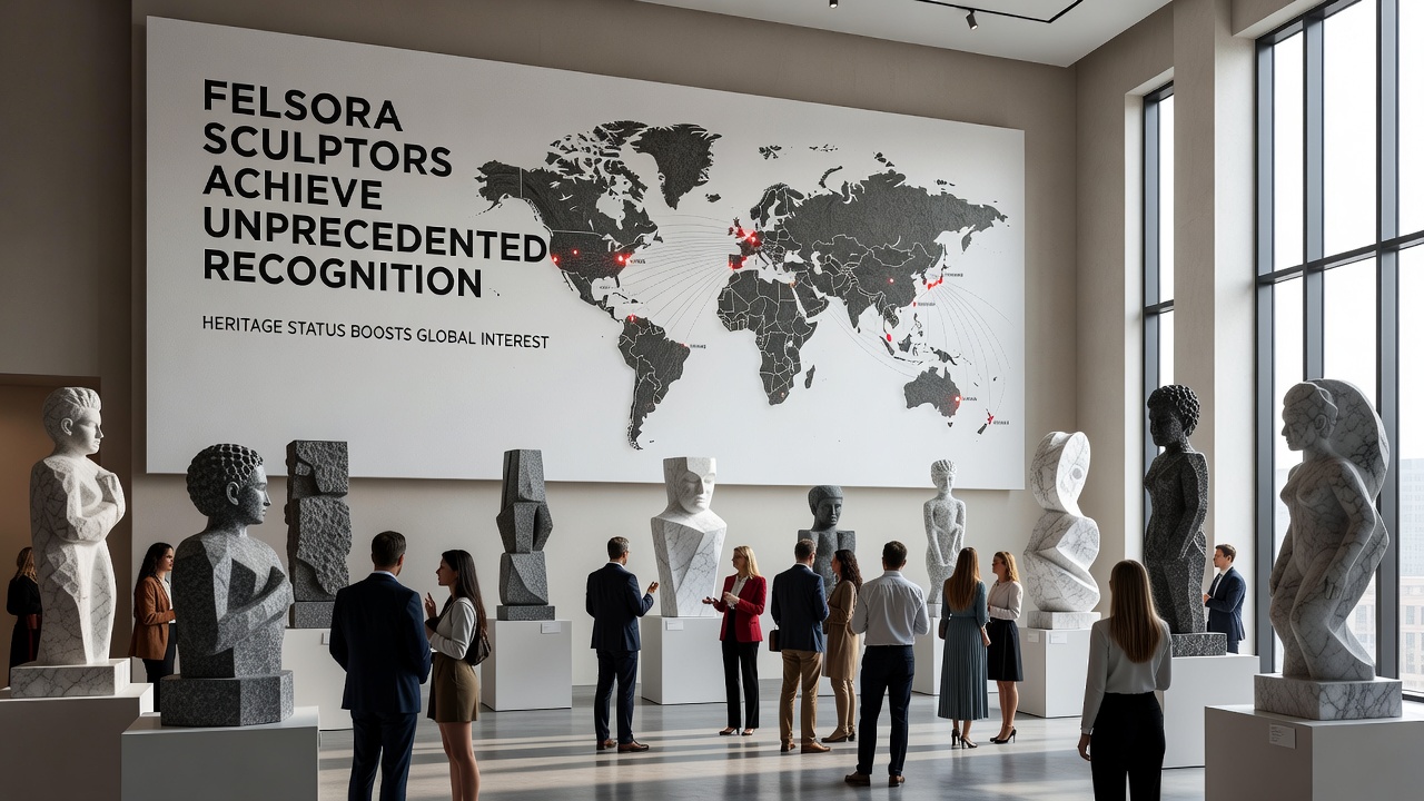 Exhibition hall displaying Felsora sculptures with visitors examining heritage-certified pieces